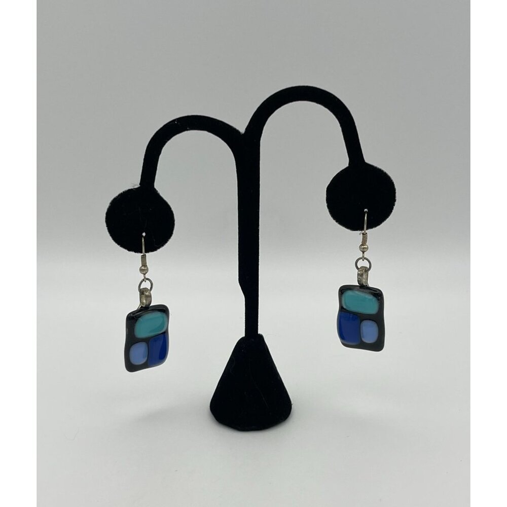 Fused Glass Dangle Earrings Blues Black Rectangles 2" Pierced